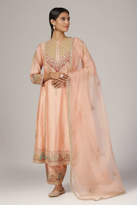 Anju & Harleen Peach Kurta And Salwar Silk Chanderi Embroidered Zari Round Set 