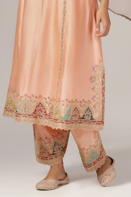 Anju & Harleen_Peach Silk, Chanderi, Organza Embroidery Round Neck Aari Kurta Salwar Set _Online_at_Aza_Fashions