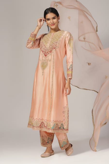 Buy_Anju & Harleen_Peach Silk, Chanderi, Organza Embroidery Round Neck Aari Kurta Salwar Set _Online_at_Aza_Fashions
