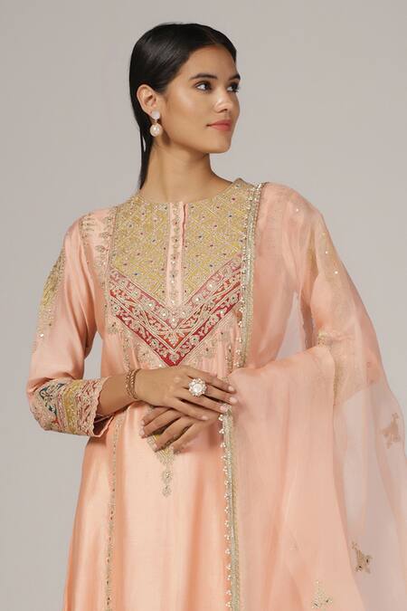 Shop_Anju & Harleen_Peach Silk, Chanderi, Organza Embroidery Round Neck Aari Kurta Salwar Set _Online_at_Aza_Fashions