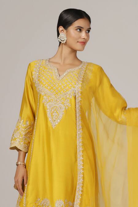 Buy_Anju & Harleen_Yellow Silk, Chanderi, Organza Embroidery Split V-neck Zari And Kurta Set _Online_at_Aza_Fashions