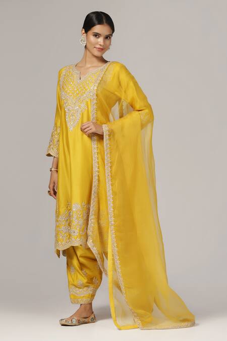 Shop_Anju & Harleen_Yellow Silk, Chanderi, Organza Embroidery Split V-neck Zari And Kurta Set _Online_at_Aza_Fashions