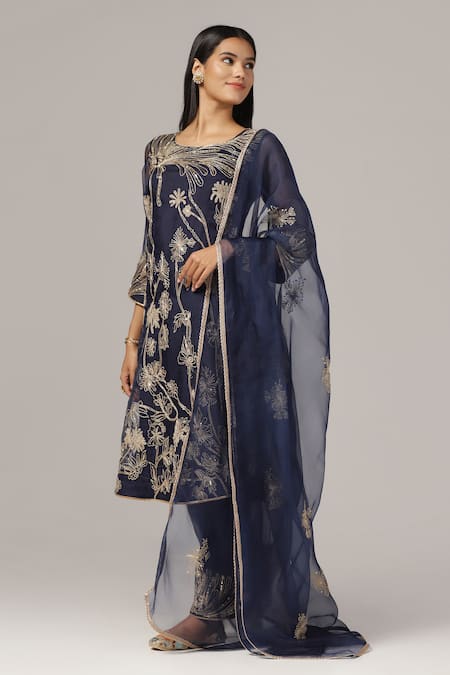 Anju & Harleen Blue Kurta And Pant Silk Chanderi Embroidered Zari Round & Set 