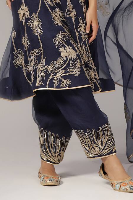 Anju & Harleen_Blue Silk, Chanderi, Organza Embroidery, Zari, Applique And Aari Kurta Pant Set _Online_at_Aza_Fashions