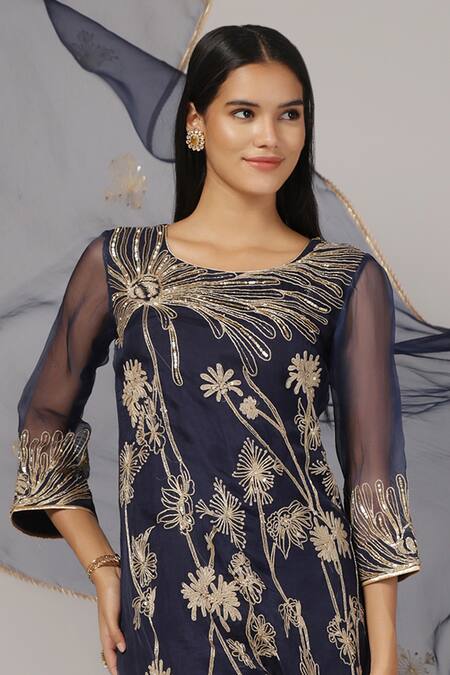 Buy_Anju & Harleen_Blue Silk, Chanderi, Organza Embroidery, Zari, Applique And Aari Kurta Pant Set _Online_at_Aza_Fashions