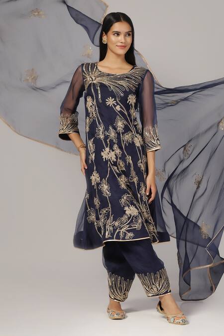 Shop_Anju & Harleen_Blue Silk, Chanderi, Organza Embroidery, Zari, Applique And Aari Kurta Pant Set _Online_at_Aza_Fashions