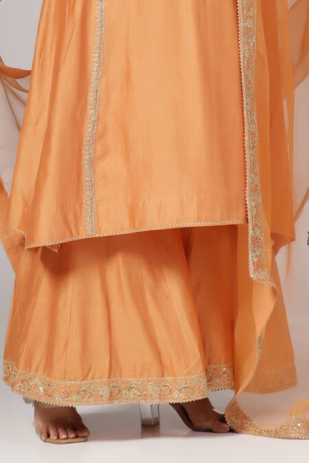 Anju & Harleen_Orange Silk, Chanderi, Organza Embroidery, Zari Round Neck Kurta Sharara Set _Online_at_Aza_Fashions