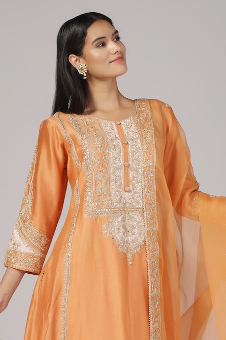 Buy_Anju & Harleen_Orange Silk, Chanderi, Organza Embroidery, Zari Round Neck Kurta Sharara Set _Online_at_Aza_Fashions