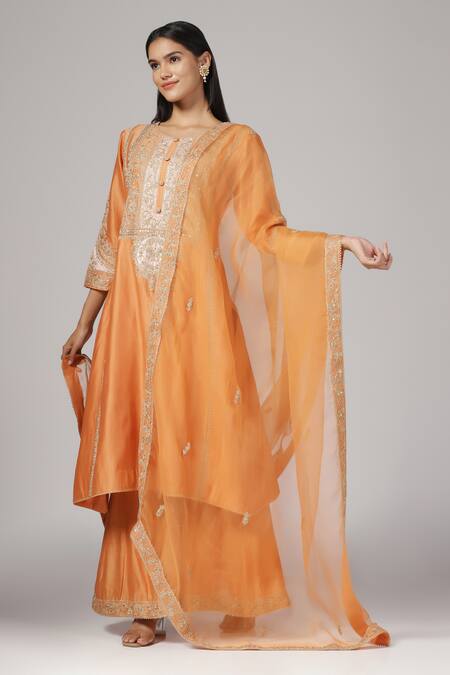 Shop_Anju & Harleen_Orange Silk, Chanderi, Organza Embroidery, Zari Round Neck Kurta Sharara Set _Online_at_Aza_Fashions