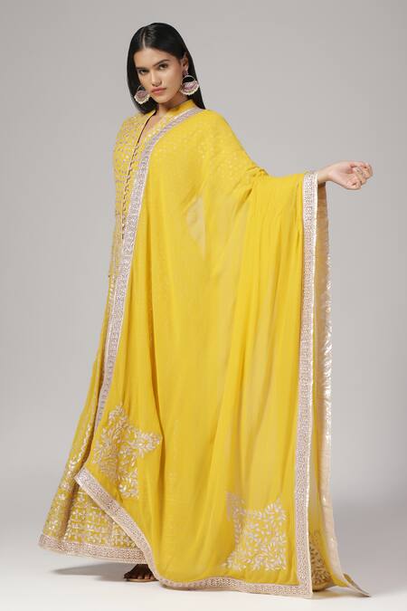 Anju & Harleen_Yellow Silk, Chanderi, Organza, Cotton Zari Embroidered Anarkali With Dupatta _Online_at_Aza_Fashions