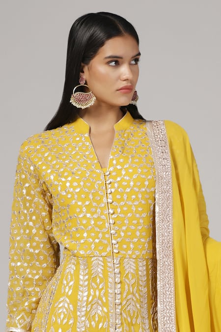 Buy_Anju & Harleen_Yellow Silk, Chanderi, Organza, Cotton Zari Embroidered Anarkali With Dupatta _Online_at_Aza_Fashions