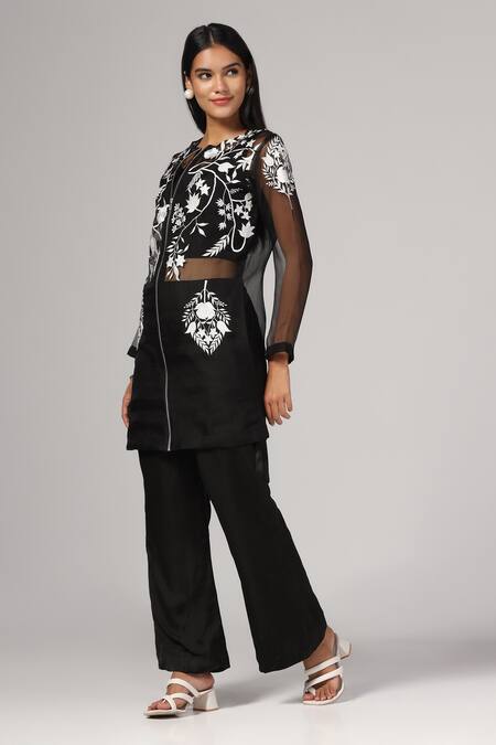 Shop_Anju & Harleen_Black Organza Embroidery Round Neck Aari Kurta Set _Online_at_Aza_Fashions
