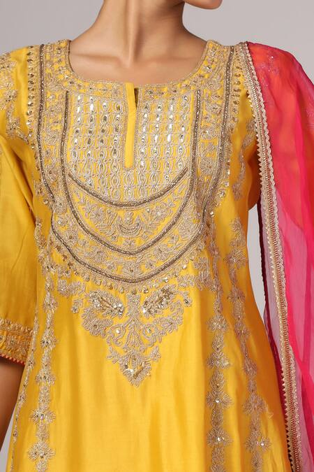 Anju & Harleen_Yellow Silk, Chanderi, Organza Embroidery Round Zari And Kurta Salwar Set _Online_at_Aza_Fashions