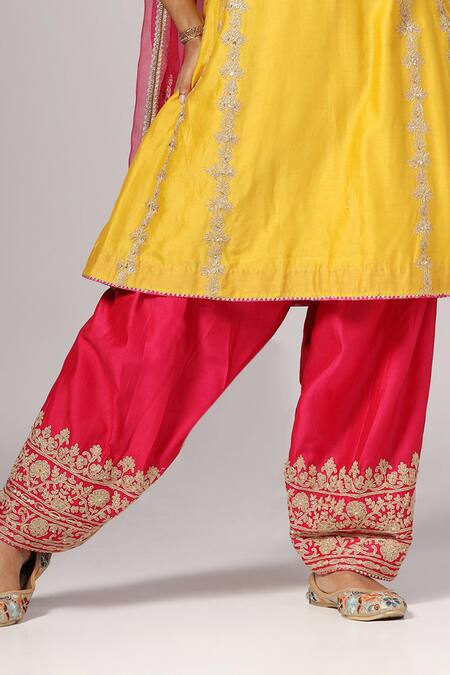 Buy_Anju & Harleen_Yellow Silk, Chanderi, Organza Embroidery Round Zari And Kurta Salwar Set _Online_at_Aza_Fashions