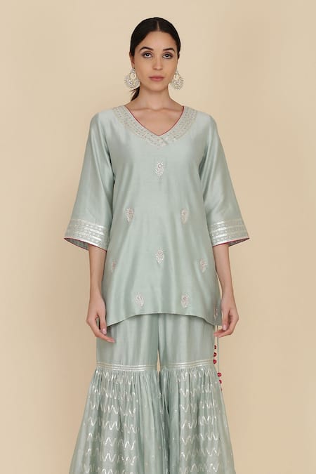 Anju & Harleen_Blue Silk, Chanderi, Cotton Zari, Gota Patti, Zardozi Kurta With Gharara _Online_at_Aza_Fashions