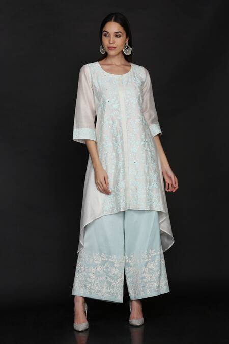 Anju & Harleen Ivory Cotton, Chanderi Mirrors Round Neck Embroidered Asymmetric Kurta With Pant Online at Aza Fashions Anju & Harleen_Ivory Cotton, Chanderi Mirrors Round Neck Embroidered Asymmetric Kurta With Pant _Online_at_Aza_Fashions