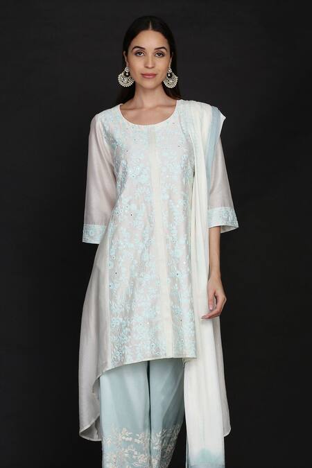 Buy Anju & Harleen Ivory Cotton, Chanderi Mirrors Round Neck Embroidered Asymmetric Kurta With Pant Online at Aza Fashions Buy_Anju & Harleen_Ivory Cotton, Chanderi Mirrors Round Neck Embroidered Asymmetric Kurta With Pant _Online_at_Aza_Fashions