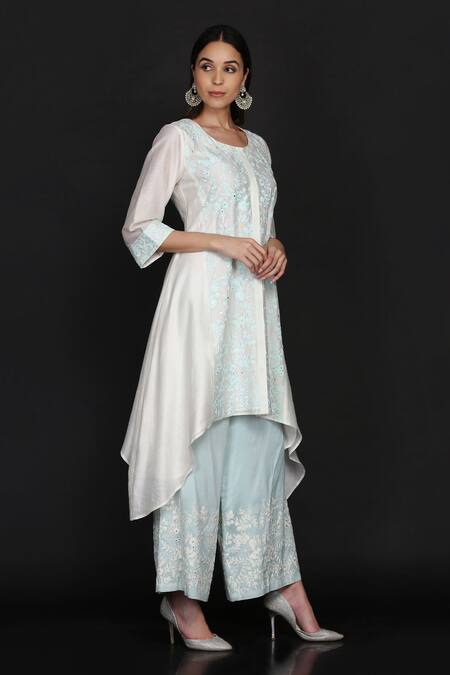 Shop Anju & Harleen Ivory Cotton, Chanderi Mirrors Round Neck Embroidered Asymmetric Kurta With Pant Online at Aza Fashions Shop_Anju & Harleen_Ivory Cotton, Chanderi Mirrors Round Neck Embroidered Asymmetric Kurta With Pant _Online_at_Aza_Fashions