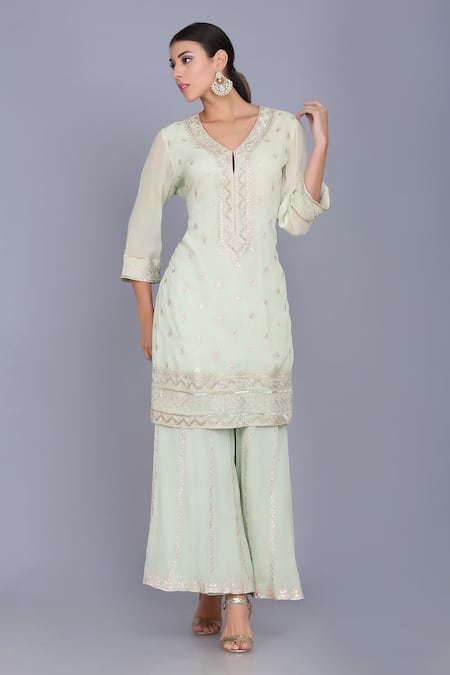 Anju & Harleen_Blue Georgette, Linen Embroidery Round Neck Zari Straight Kurta Sharara Set _Online_at_Aza_Fashions