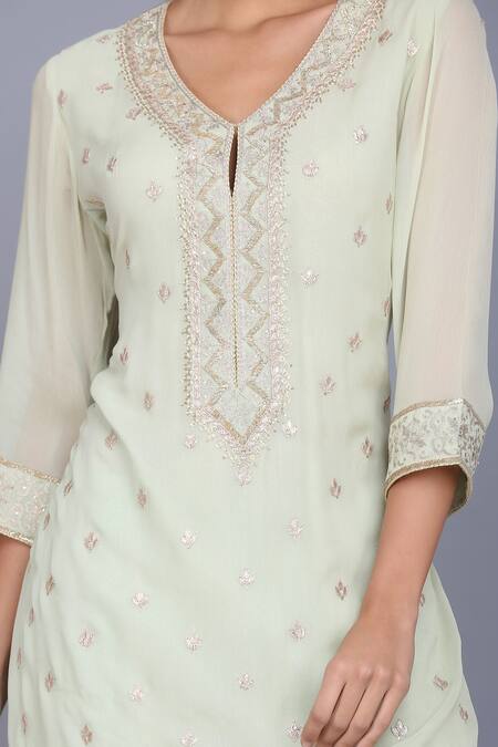 Buy_Anju & Harleen_Blue Georgette, Linen Embroidery Round Neck Zari Straight Kurta Sharara Set _Online_at_Aza_Fashions