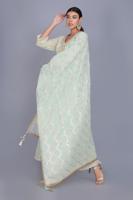 Shop_Anju & Harleen_Blue Georgette, Linen Embroidery Round Neck Zari Straight Kurta Sharara Set _Online_at_Aza_Fashions