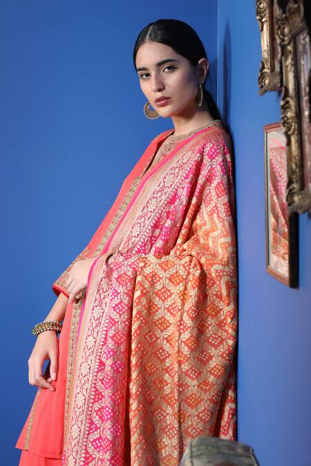Anju & Harleen_Red Georgette, Linen Embroidery, Zari Collared Bright Orange Kurta With Sharara _Online_at_Aza_Fashions