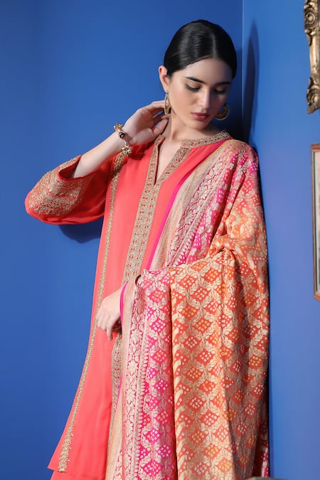Buy_Anju & Harleen_Red Georgette, Linen Embroidery, Zari Collared Bright Orange Kurta With Sharara _Online_at_Aza_Fashions