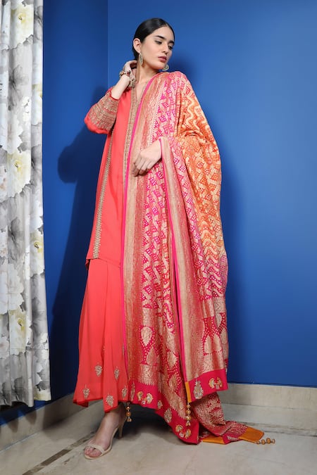 Shop_Anju & Harleen_Red Georgette, Linen Embroidery, Zari Collared Bright Orange Kurta With Sharara _Online_at_Aza_Fashions