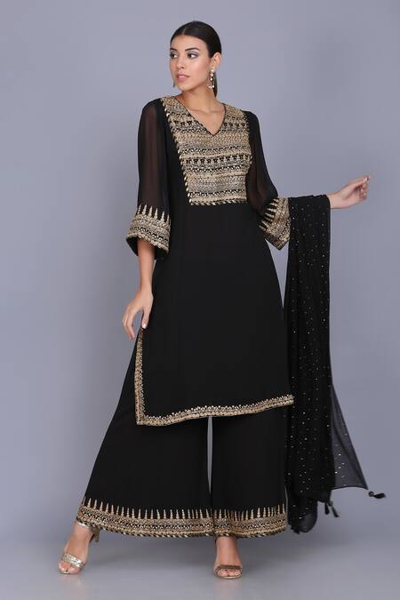 Anju & Harleen_Black Georgette, Linen Zari V-neck Embroidered Neckline Kurta Sharara Set _Online_at_Aza_Fashions