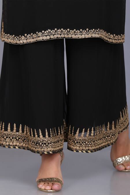 Buy_Anju & Harleen_Black Georgette, Linen Zari V-neck Embroidered Neckline Kurta Sharara Set _Online_at_Aza_Fashions