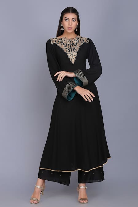 Anju & Harleen_Black Georgette, Chanderi, Cotton Embroidery Zari Neckline Kurta Palazzo Set _Online_at_Aza_Fashions