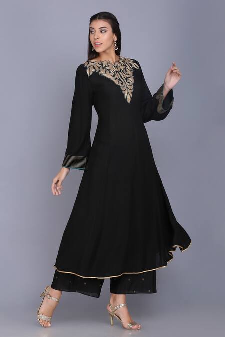 Buy_Anju & Harleen_Black Georgette, Chanderi, Cotton Embroidery Zari Neckline Kurta Palazzo Set _Online_at_Aza_Fashions