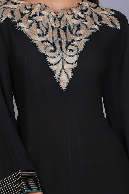 Shop_Anju & Harleen_Black Georgette, Chanderi, Cotton Embroidery Zari Neckline Kurta Palazzo Set _Online_at_Aza_Fashions