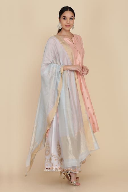 Anju & Harleen_Peach Chanderi, Linen Embroidery V-neck Zari Butti Detailed Kurta Sharara Set _Online_at_Aza_Fashions