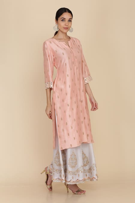 Buy_Anju & Harleen_Peach Chanderi, Linen Embroidery V-neck Zari Butti Detailed Kurta Sharara Set _Online_at_Aza_Fashions