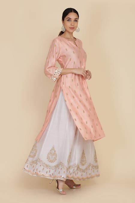 Shop_Anju & Harleen_Peach Chanderi, Linen Embroidery V-neck Zari Butti Detailed Kurta Sharara Set _Online_at_Aza_Fashions