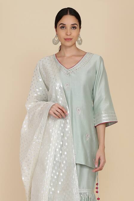 Anju & Harleen_Blue Chanderi Gota Patti, Embroidery V-neck Zardozi Kurta Gharara Set _Online_at_Aza_Fashions