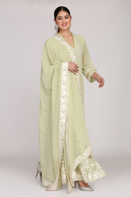 Anju & Harleen_Green Georgette, Linen Embroidery V-neck Resham Kurta Sharara Set _Online_at_Aza_Fashions