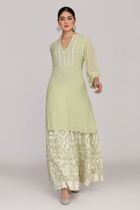 Buy_Anju & Harleen_Green Georgette, Linen Embroidery V-neck Resham Kurta Sharara Set _Online_at_Aza_Fashions