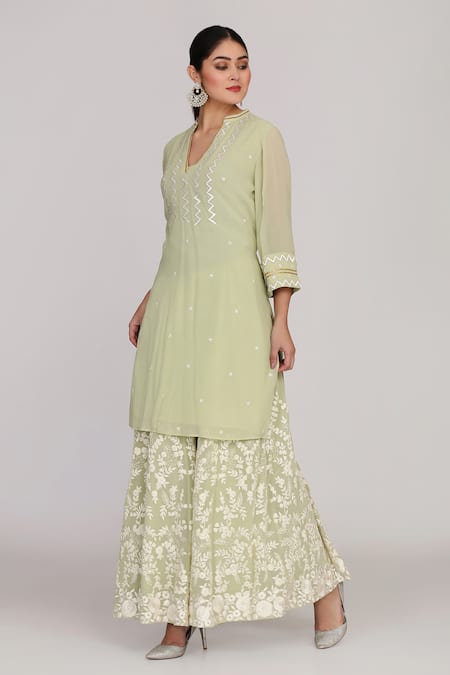 Shop_Anju & Harleen_Green Georgette, Linen Embroidery V-neck Resham Kurta Sharara Set _Online_at_Aza_Fashions