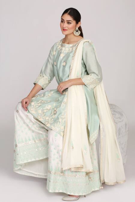 Anju & Harleen_Blue Chanderi, Linen Embroidery Round Neck Asymmetric Kurta Sharara Set _Online_at_Aza_Fashions