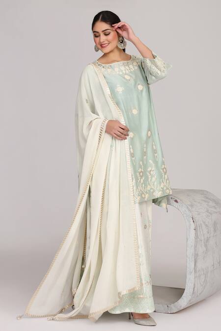 Buy_Anju & Harleen_Blue Chanderi, Linen Embroidery Round Neck Asymmetric Kurta Sharara Set _Online_at_Aza_Fashions