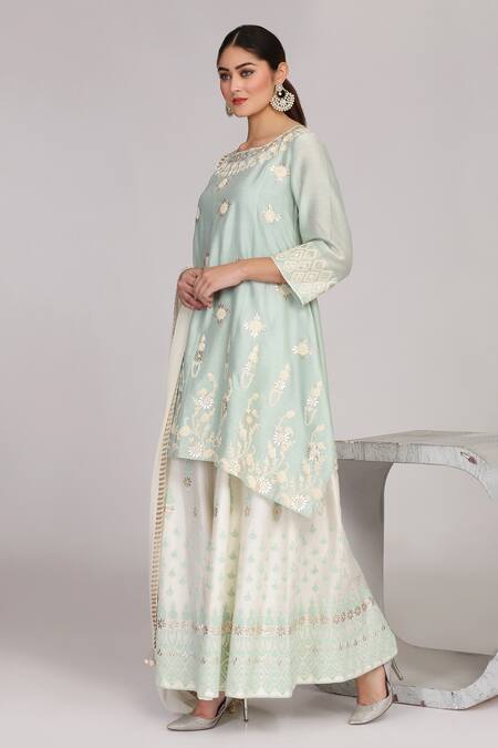 Shop_Anju & Harleen_Blue Chanderi, Linen Embroidery Round Neck Asymmetric Kurta Sharara Set _Online_at_Aza_Fashions