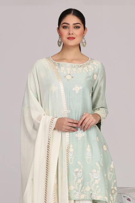 Anju & Harleen_Blue Chanderi, Linen Embroidery Round Neck Asymmetric Kurta Sharara Set _at_Aza_Fashions