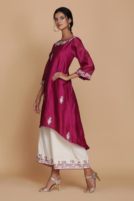 Anju & Harleen Pink Silk Chanderi Embroidery Resham Boat Asymmetric Tunic With Sharara 