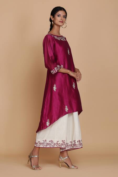 Anju & Harleen_Pink Silk, Chanderi, Cotton Embroidery Resham Asymmetric Tunic With Sharara _Online_at_Aza_Fashions
