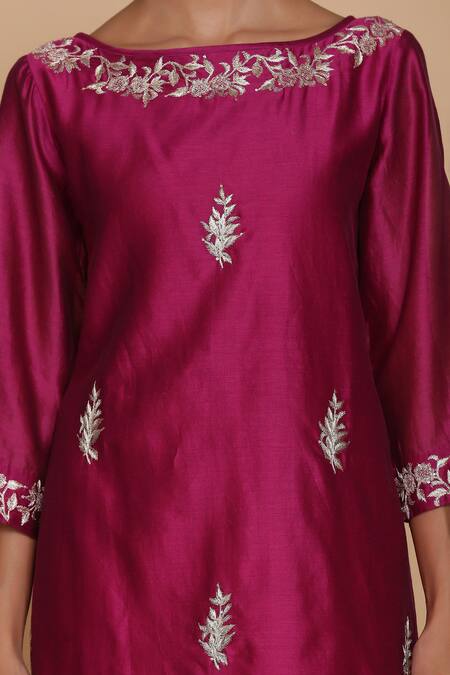 Buy_Anju & Harleen_Pink Silk, Chanderi, Cotton Embroidery Resham Asymmetric Tunic With Sharara _Online_at_Aza_Fashions