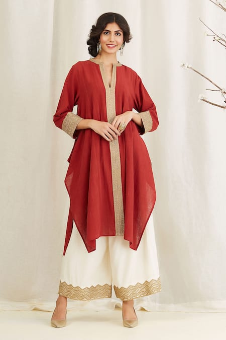 Anju & Harleen Orange Linen Embroidery Sequin Asymmetrical Achkan Kurta With Wide Legged 