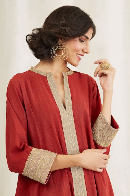 Anju & Harleen Orange Linen Embroidery Collared Asymmetrical Achkan Kurta With Wide Legged Online at Aza Fashions Anju & Harleen_Orange Linen Embroidery Collared Asymmetrical Achkan Kurta With Wide Legged _Online_at_Aza_Fashions