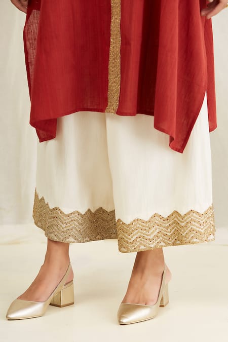 Buy Anju & Harleen Orange Linen Embroidery Collared Asymmetrical Achkan Kurta With Wide Legged Online at Aza Fashions Buy_Anju & Harleen_Orange Linen Embroidery Collared Asymmetrical Achkan Kurta With Wide Legged _Online_at_Aza_Fashions